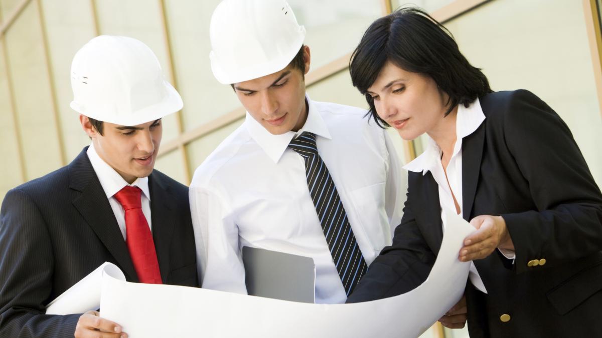 Two men and a woman looking at plans
